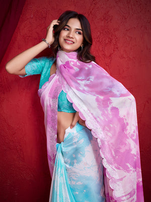 Turquoise Poly Chiffon Saree With Blouse Piece