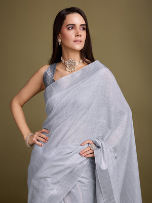 Grey Linen Daily Wear Saree With Blouse Piece