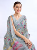 Grey Linen Blend Saree With Blouse Piece