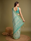 Teal Silk Blend Saree With Blouse Piece