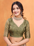 Olive Cotton Blend Saree With Blouse Piece