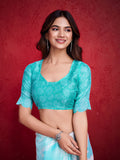 Turquoise Poly Chiffon Saree With Blouse Piece