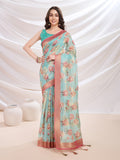 Turquoise Banarasi Cotton Festive Wear Saree With Blouse Piece