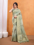 Green Cotton Blend Festive Wear Saree With Blouse Piece