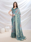 Teal Cotton Blend Festive Wear Saree With Blouse Piece