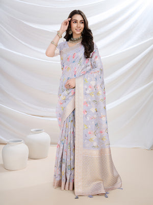 Light Purple Pure Cotton Festive Wear Saree With Blouse Piece