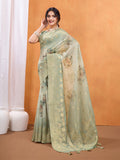 Green Cotton Blend Festive Wear Saree With Blouse Piece