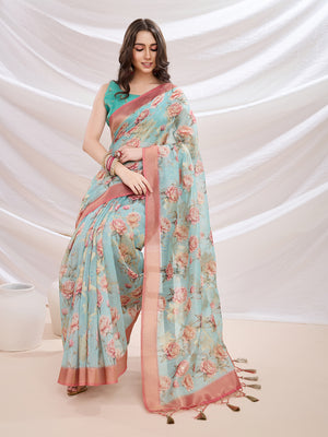 Turquoise Banarasi Cotton Festive Wear Saree With Blouse Piece