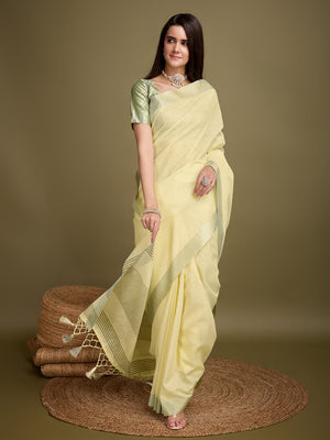 Yellow Linen Daily Wear Saree With Blouse Piece