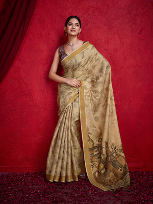 Beige Poly Silk Festival Saree With Blouse Piece