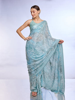 Blue Georgette Saree With Blouse Piece