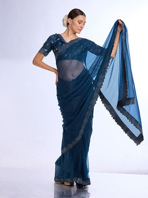 Blue Georgette Saree With Blouse Piece