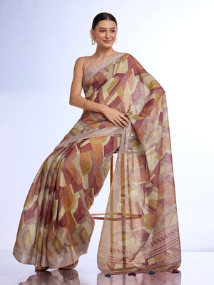 Brown Linen Saree With Blouse Piece