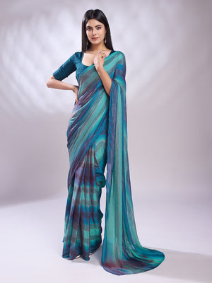 Teal Silk Blend Ready To Wear Saree With Blouse Piece