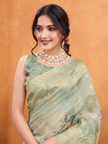 Green Cotton Blend Festive Wear Saree With Blouse Piece