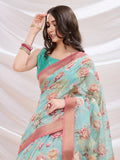 Turquoise Banarasi Cotton Festive Wear Saree With Blouse Piece