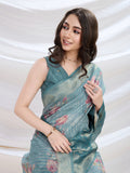 Teal Cotton Blend Festive Wear Saree With Blouse Piece