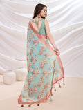 Turquoise Banarasi Cotton Festive Wear Saree With Blouse Piece