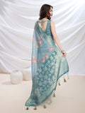 Teal Cotton Blend Festive Wear Saree With Blouse Piece