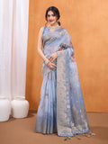 Blue Cotton Blend Festive Wear Saree With Blouse Piece