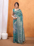 Teal Cotton Blend Saree With Blouse Piece