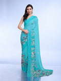 Teal Poly Chiffon Festival Saree With Blouse Piece