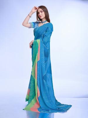 Teal Poly Chiffon Festival Saree With Blouse Piece