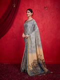 Grey Poly Silk Festival Saree With Blouse Piece