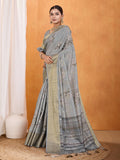 Grey Silk Blend Saree With Blouse Piece