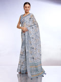 Grey Linen Blend Saree With Blouse Piece