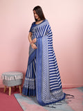 Blue & White Silk Blend Daily Wear Saree With Blouse Piece