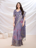 Purple Cotton Blend Festive Wear Saree With Blouse Piece