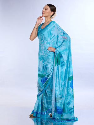 Blue Satin Saree With Blouse Piece