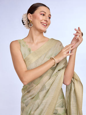 Green Tissue Linen Saree With Blouse Piece