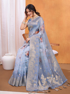 Blue Cotton Blend Festive Wear Saree With Blouse Piece