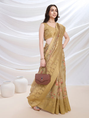 Mustard Cotton Blend Festive Wear Saree With Blouse Piece