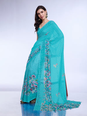 Teal Poly Chiffon Festival Saree With Blouse Piece