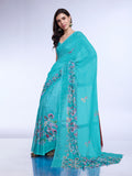 Teal Poly Chiffon Festival Saree With Blouse Piece