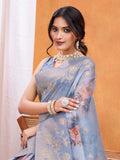 Blue Cotton Blend Festive Wear Saree With Blouse Piece