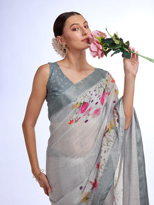 Off White Linen Saree With Blouse Piece