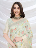 Light Green Pure Cotton Festive Wear Saree With Blouse Piece