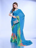 Teal Poly Chiffon Festival Saree With Blouse Piece