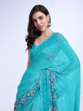 Teal Poly Chiffon Festival Saree With Blouse Piece