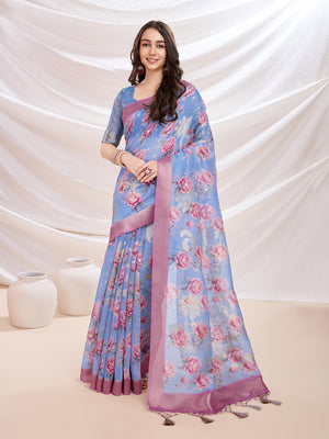 Blue Banarasi Cotton Festive Wear Saree With Blouse Piece