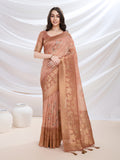 Coral Cotton Blend Festive Wear Saree With Blouse Piece