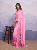 Pink Poly Chiffon Saree With Blouse Piece