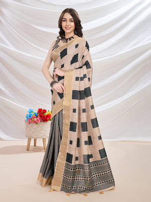 Beige Silk Blend Casual Wear Saree With Blouse Piece