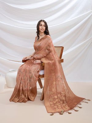 Coral Cotton Blend Festive Wear Saree With Blouse Piece