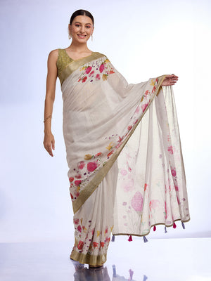 White Linen Saree With Blouse Piece