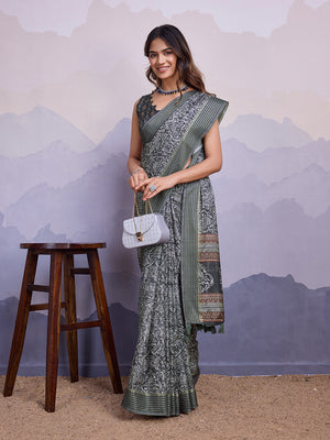 Grey Poly Silk Festival Saree With Blouse Piece